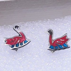 925 Sterling Silver Vintage Enamel Swan Stud Earrings Blue & Red Coral Enamel